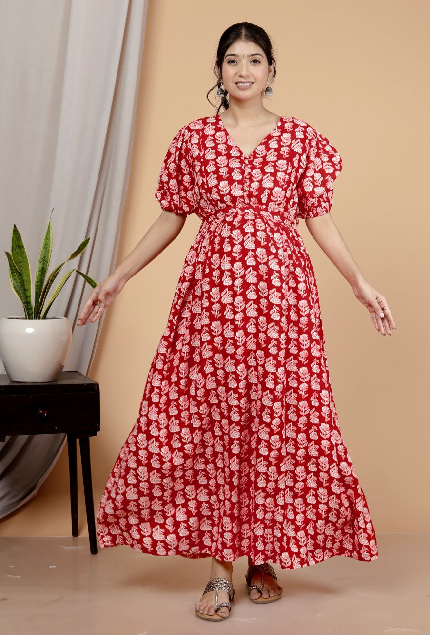 Regular Size Red Floral Print Flared Maternity Gown-1400009