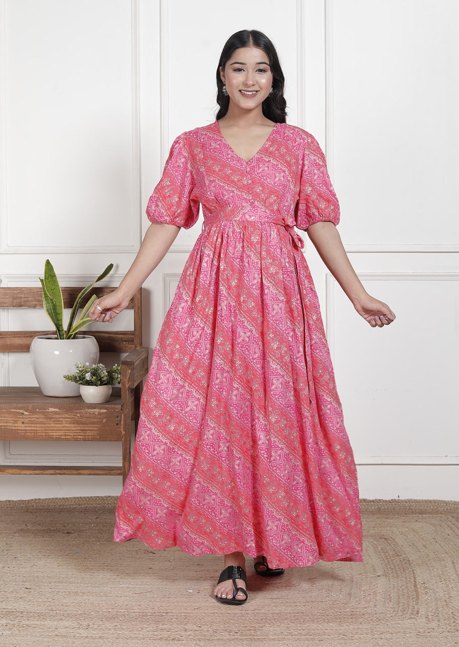 Regular Size Pink Floral Print Flared Maternity Gown-1400010 Main image