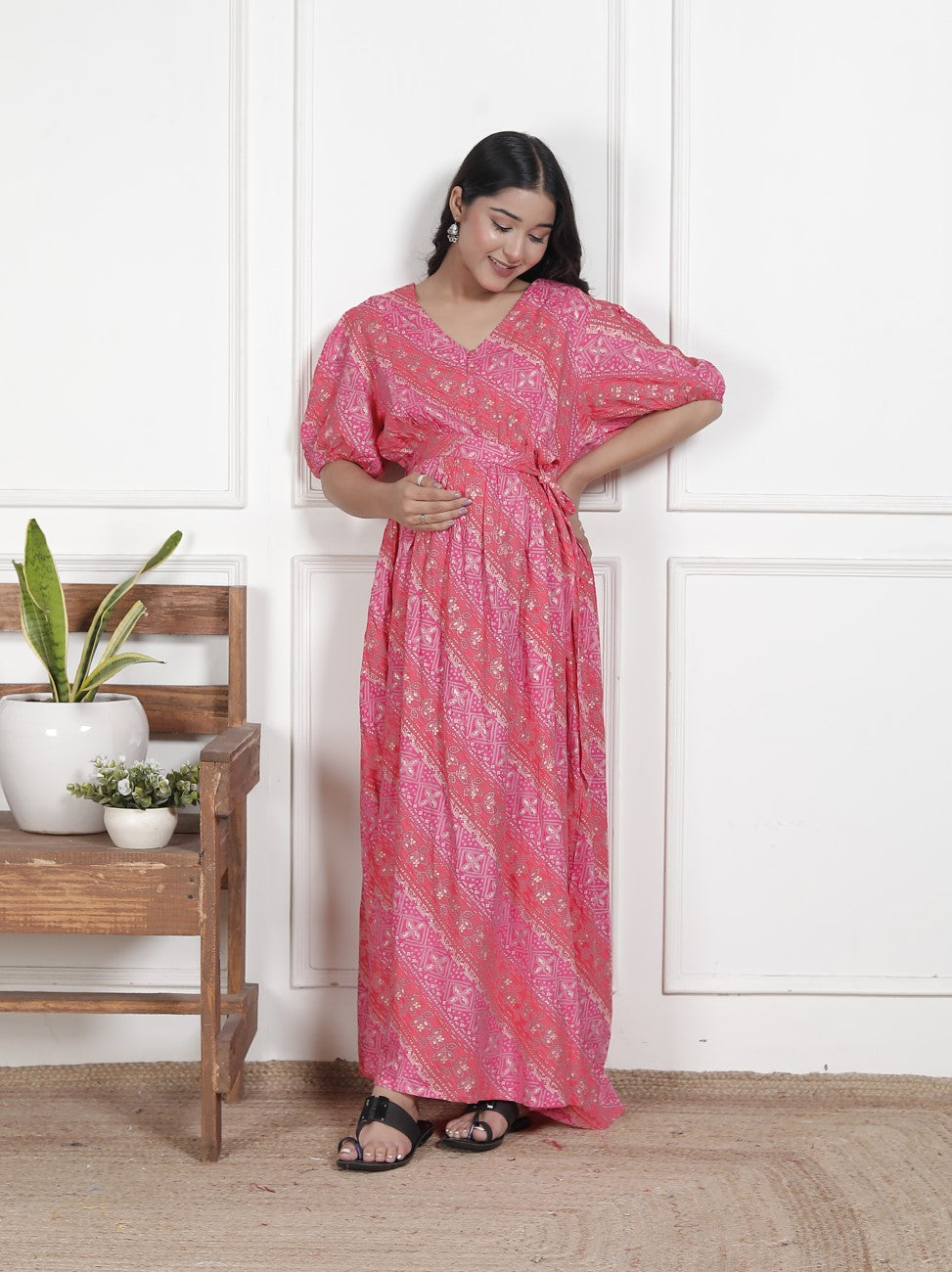 Regular Size Pink Floral Print Flared Maternity Gown-1400010