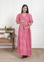 Regular Size Pink Floral Print Flared Maternity Gown-1400010