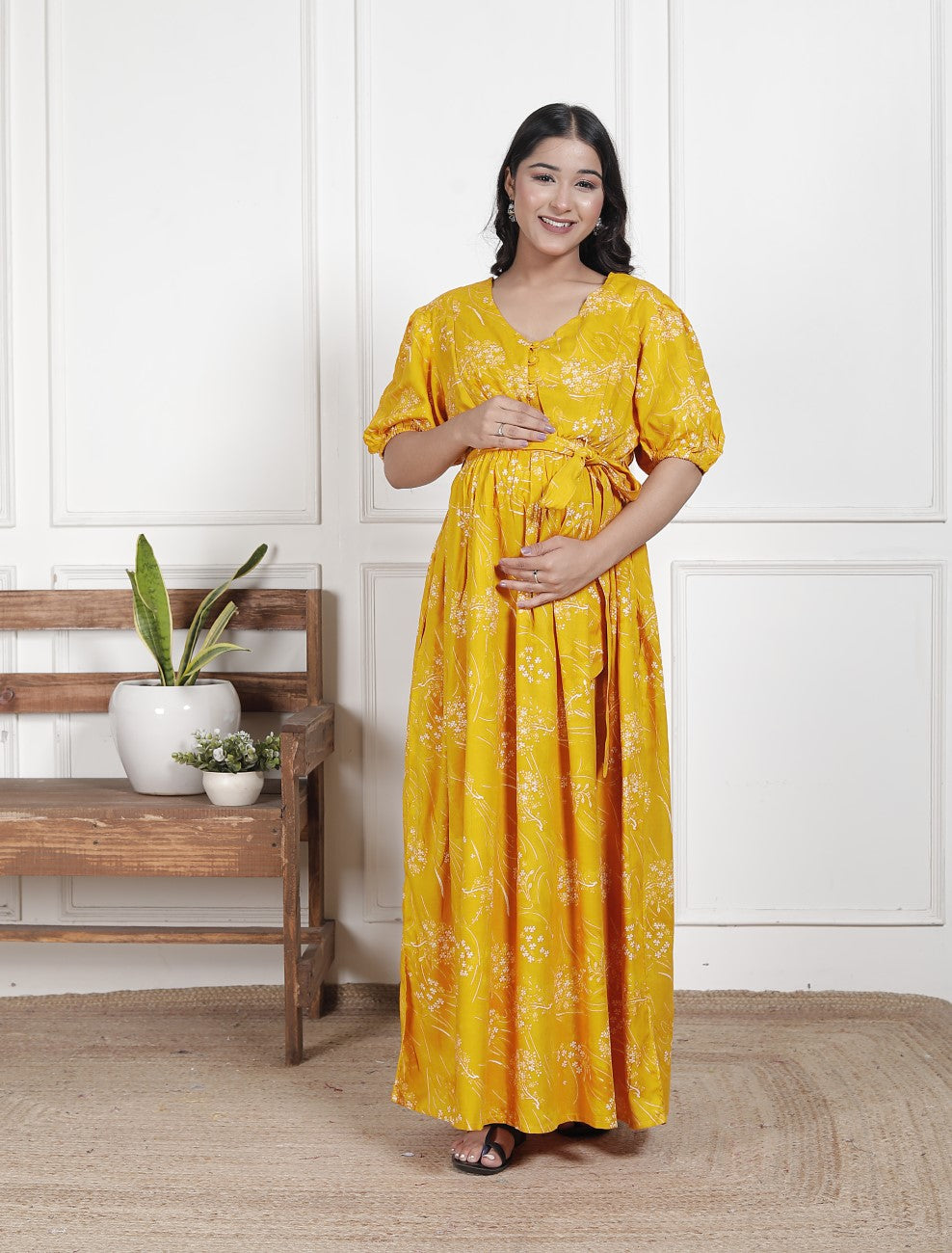 Regular Size Yellow Floral Print Flared Maternity Gown-1400011 Secondary image