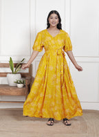 Regular Size Yellow Floral Print Flared Maternity Gown-1400011