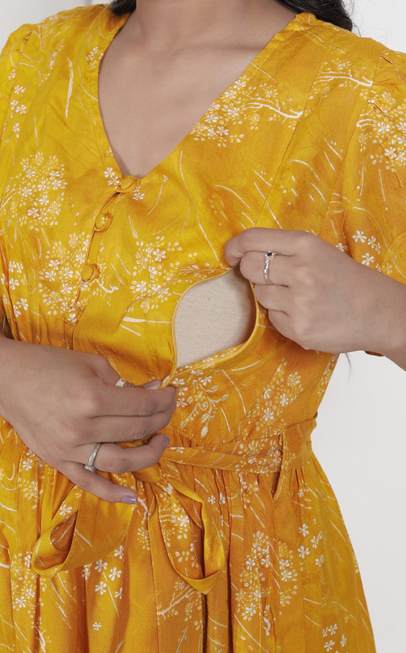 Regular Size Yellow Floral Print Flared Maternity Gown-1400011
