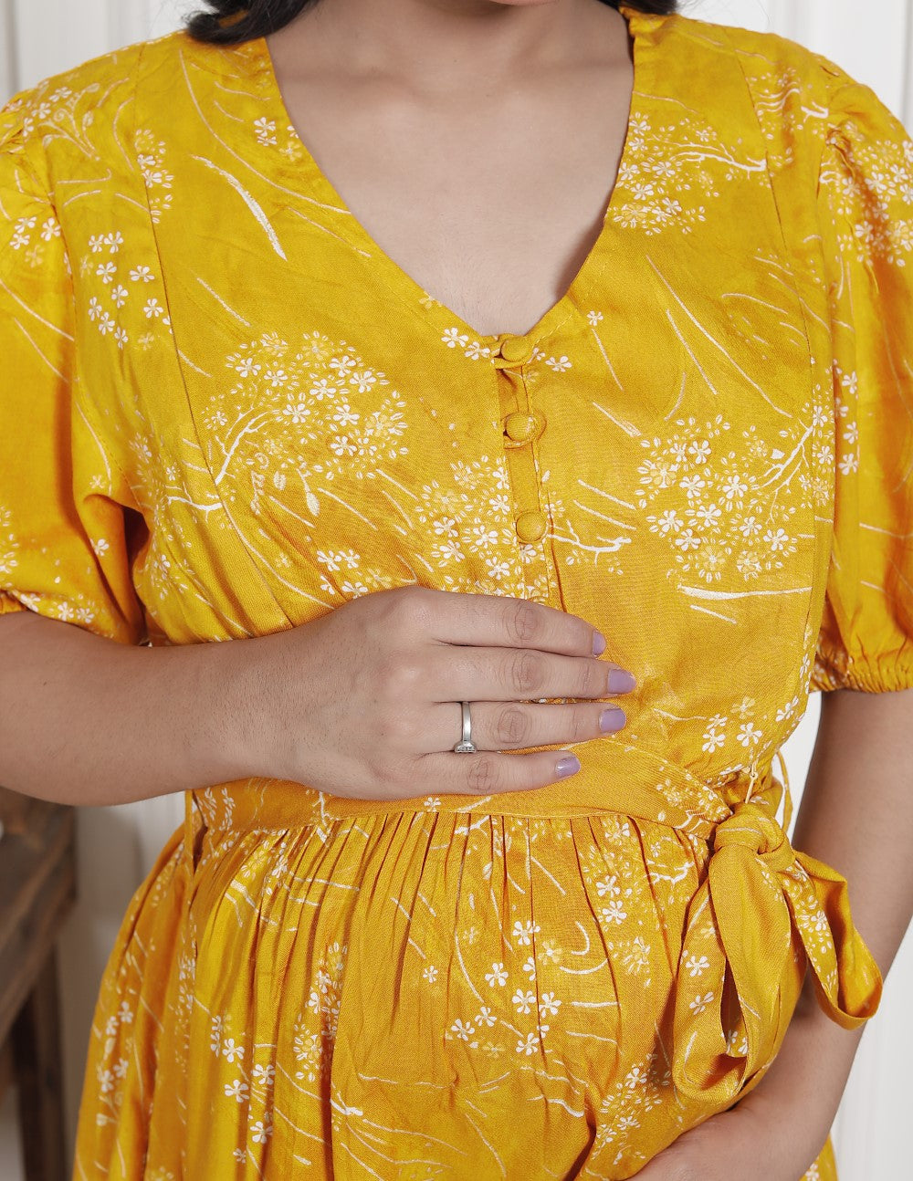 Regular Size Yellow Floral Print Flared Maternity Gown-1400011