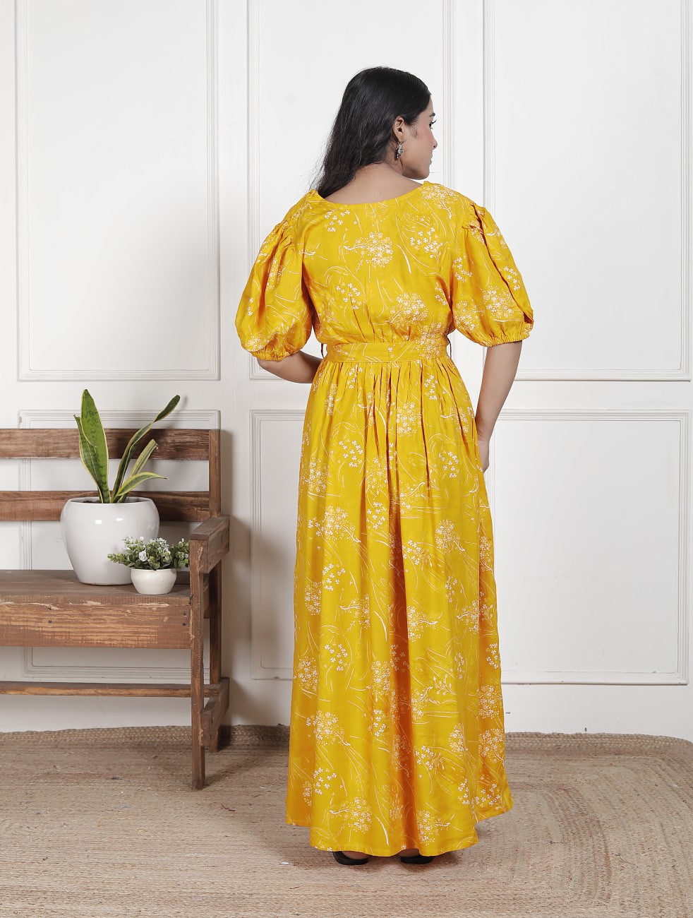 Regular Size Yellow Floral Print Flared Maternity Gown-1400011