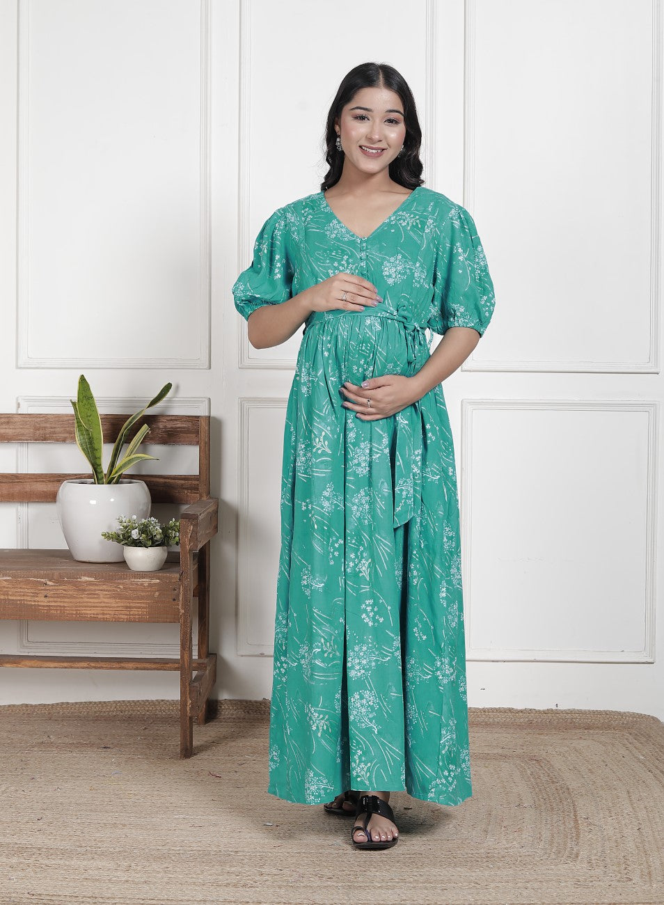 Regular Size Turquoise Floral Print Flared Maternity Gown-1400012