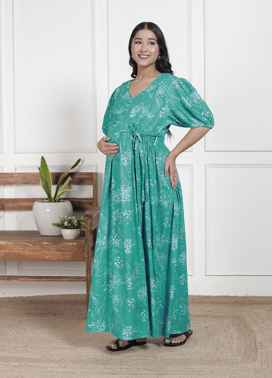 Regular Size Turquoise Floral Print Flared Maternity Gown-1400012