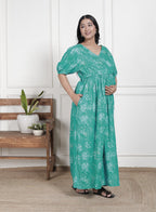 Regular Size Turquoise Floral Print Flared Maternity Gown-1400012