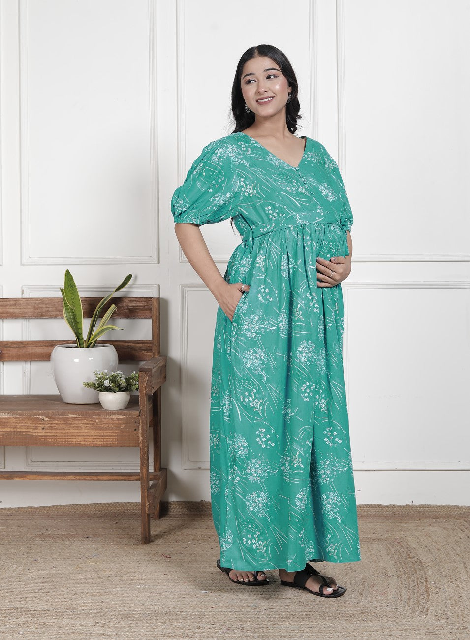 Regular Size Turquoise Floral Print Flared Maternity Gown-1400012
