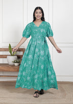 Regular Size Turquoise Floral Print Flared Maternity Gown-1400012