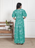 Regular Size Turquoise Floral Print Flared Maternity Gown-1400012