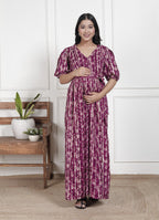 Regular Size Purple Floral Print Flared Maternity Gown-1400013