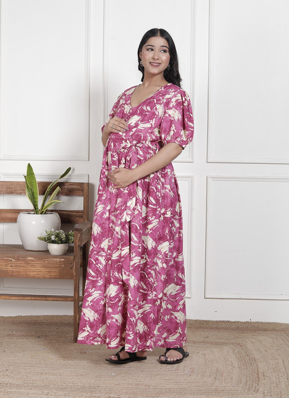 Regular Size Purple Floral Print Flared Maternity Gown-1400014