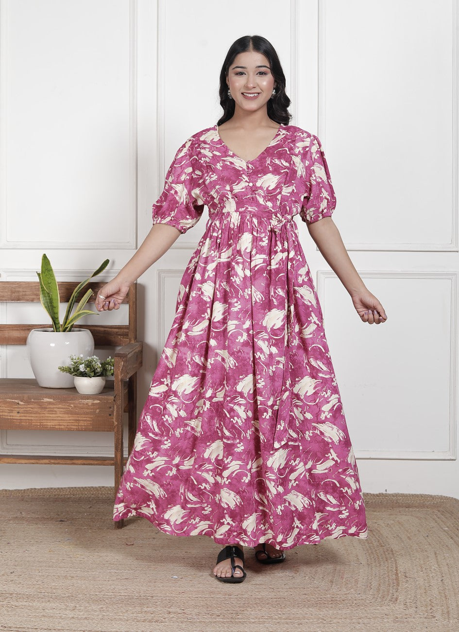 Regular Size Purple Floral Print Flared Maternity Gown-1400014