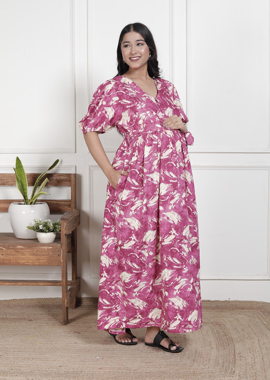 Regular Size Purple Floral Print Flared Maternity Gown-1400014
