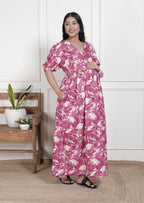 Regular Size Purple Floral Print Flared Maternity Gown-1400014