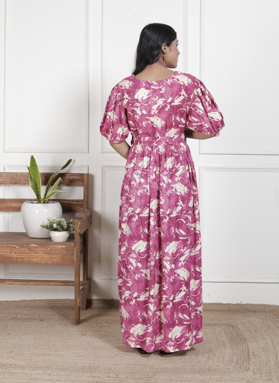 Regular Size Purple Floral Print Flared Maternity Gown-1400014