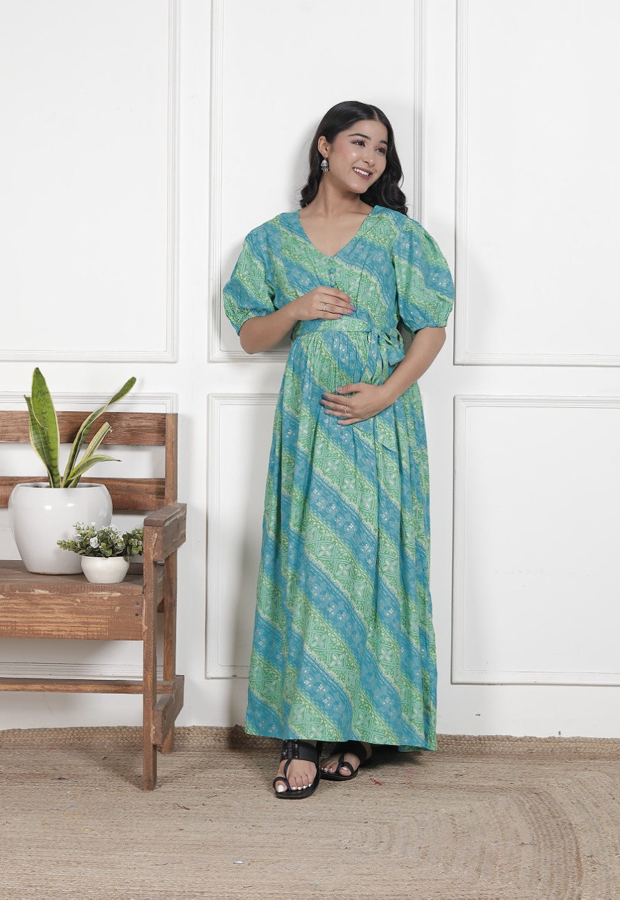 Regular Size Turquoise Floral Print Flared Maternity Gown-1400015 Secondary image