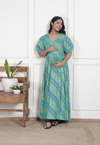 Regular Size Turquoise Floral Print Flared Maternity Gown-1400015