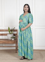 Regular Size Turquoise Floral Print Flared Maternity Gown-1400015
