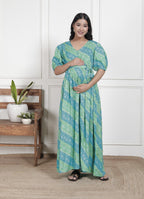 Regular Size Turquoise Floral Print Flared Maternity Gown-1400015