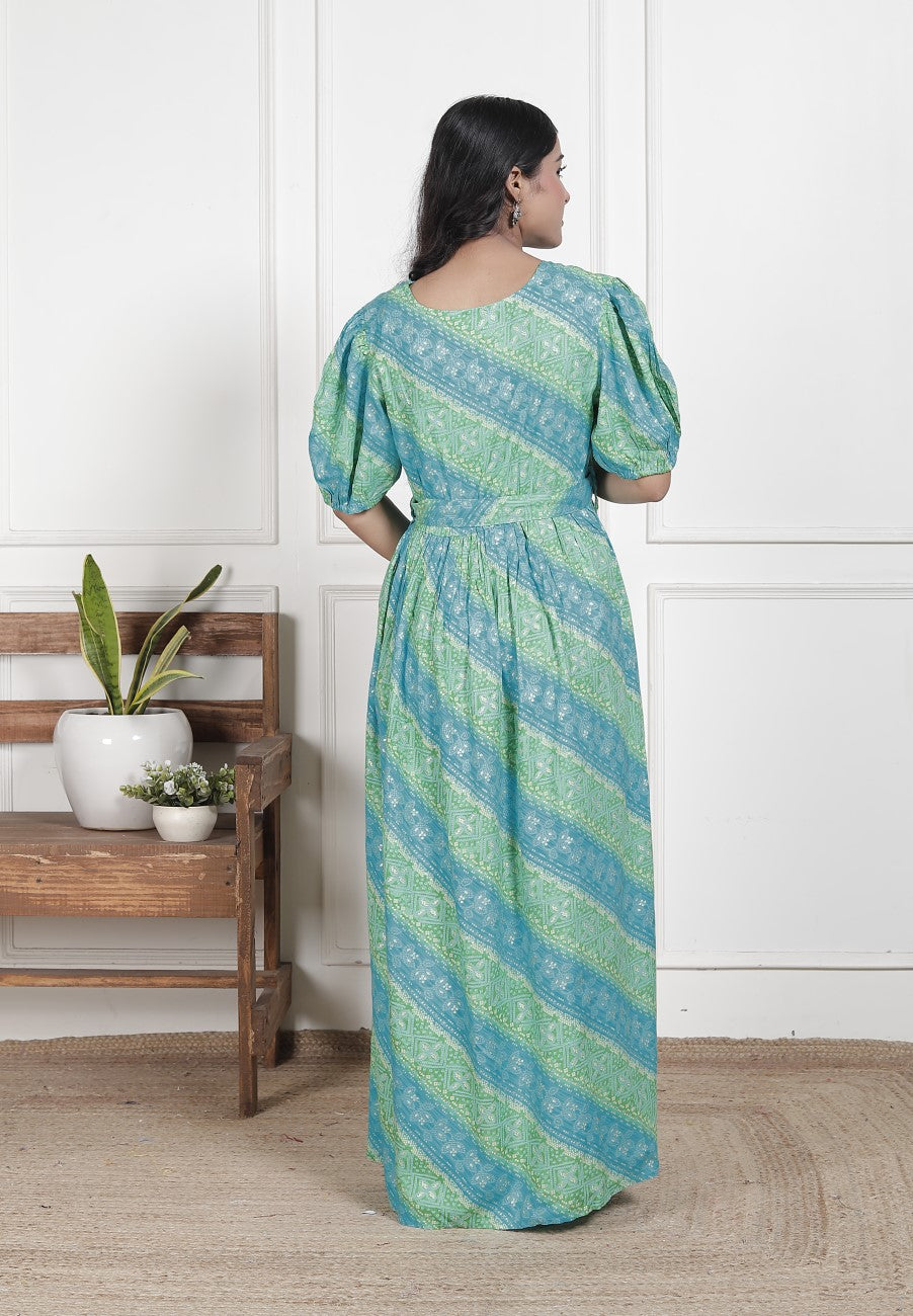 Regular Size Turquoise Floral Print Flared Maternity Gown-1400015