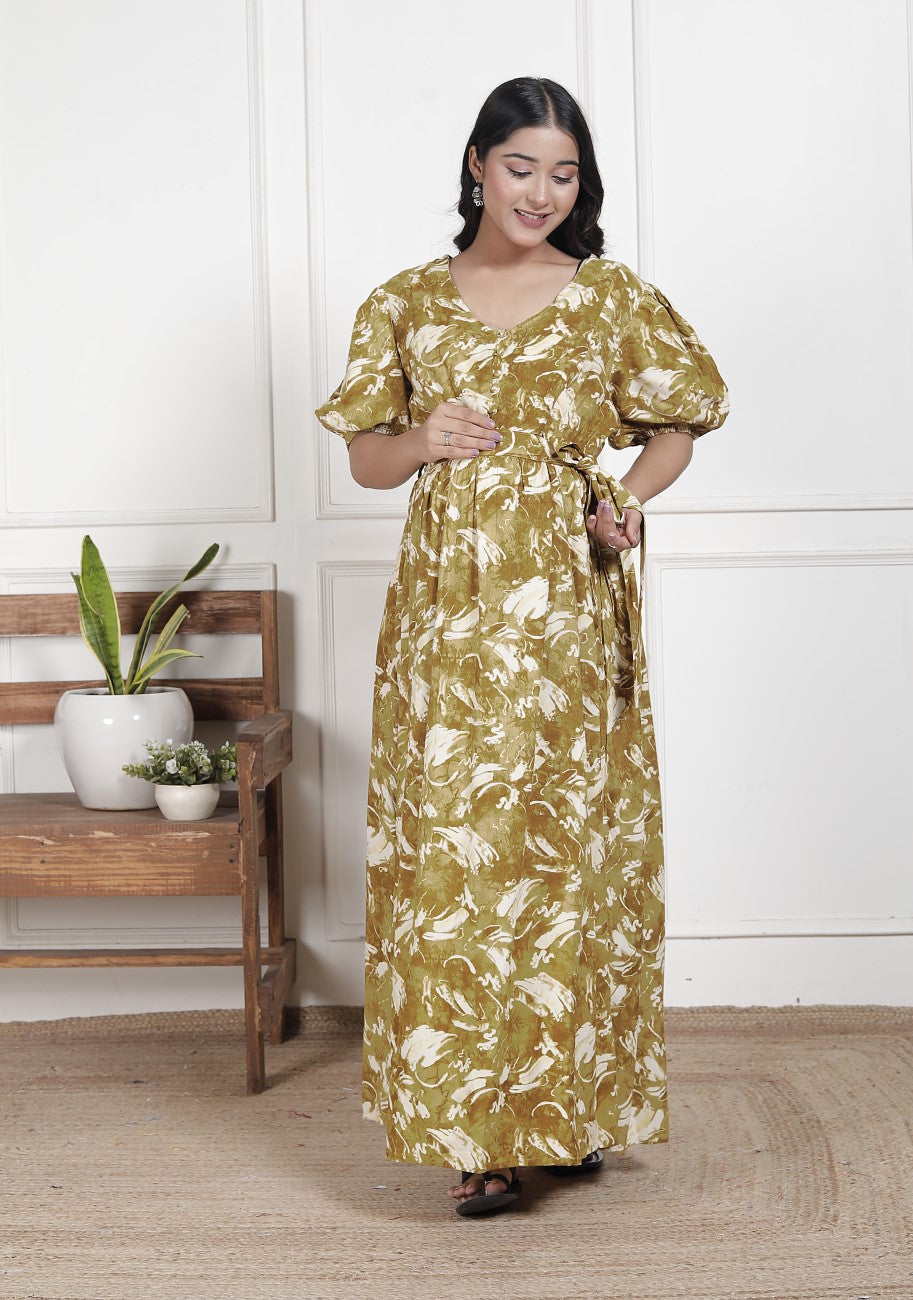 Regular Size Mustard Floral Print Flared Maternity Gown-1400016 Main image
