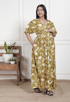 Regular Size Mustard Floral Print Flared Maternity Gown-1400016