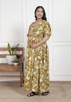 Regular Size Mustard Floral Print Flared Maternity Gown-1400016