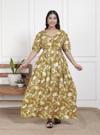 Regular Size Mustard Floral Print Flared Maternity Gown-1400016