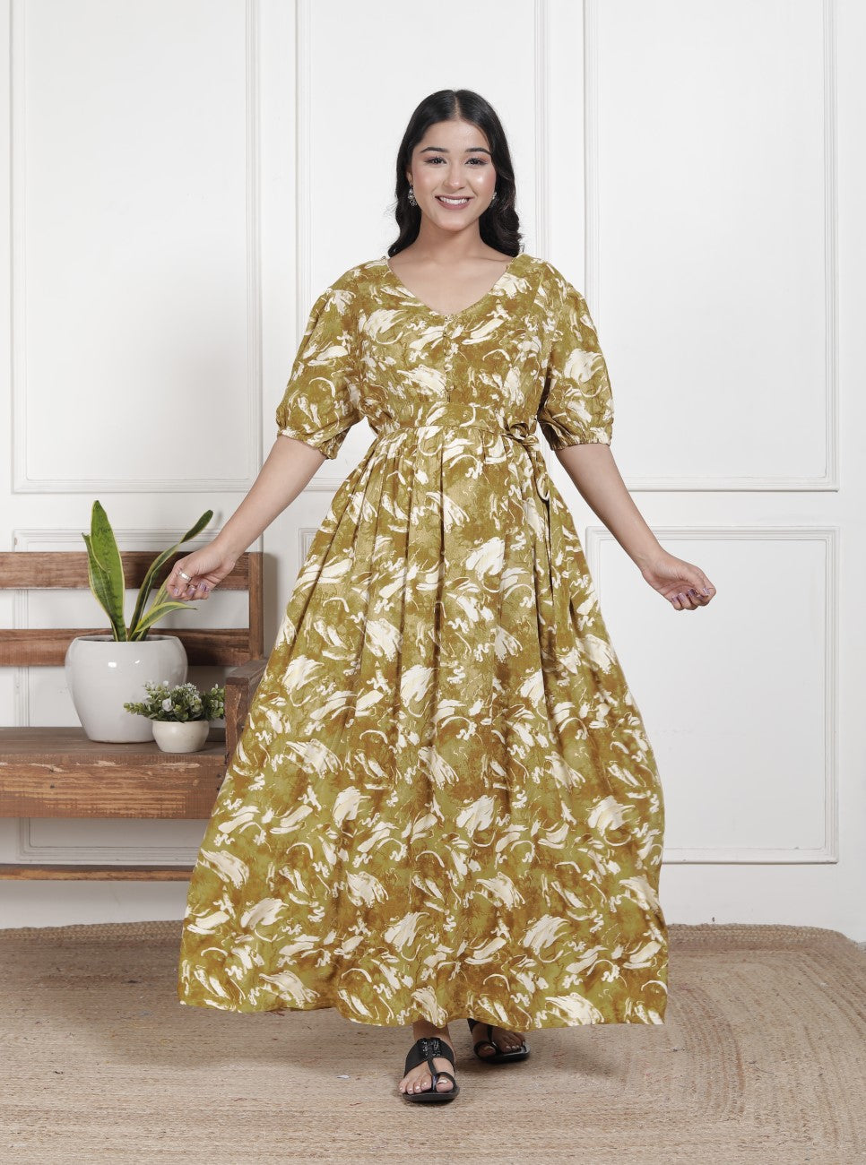 Regular Size Mustard Floral Print Flared Maternity Gown-1400016