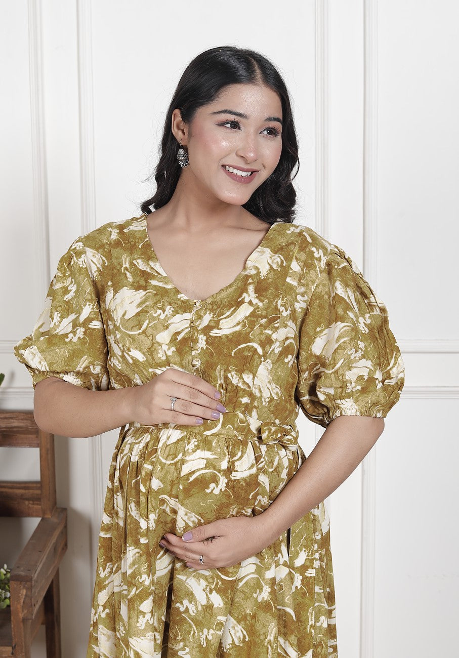 Regular Size Mustard Floral Print Flared Maternity Gown-1400016