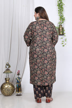 Plus Size Black Cotton Printed Kurta Pant Set with Dupatta-200002