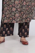 Plus Size Black Cotton Printed Kurta Pant Set with Dupatta-200002