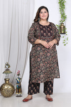 Plus Size Black Cotton Printed Kurta Pant Set with Dupatta-200002