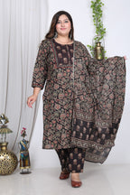 Plus Size Black Cotton Printed Kurta Pant Set with Dupatta-200002