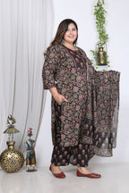 Plus Size Black Cotton Printed Kurta Pant Set with Dupatta-200002