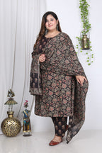 Plus Size Black Cotton Printed Kurta Pant Set with Dupatta-200002