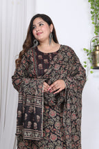 Plus Size Black Cotton Printed Kurta Pant Set with Dupatta-200002