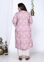 Plus Size Purple Cotton Printed Kurta Pant Set with Dupatta-200003