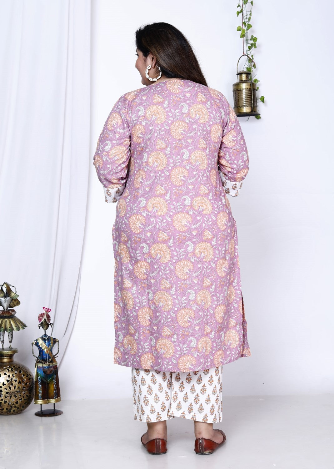 Plus Size Purple Cotton Printed Kurta Pant Set with Dupatta-200003