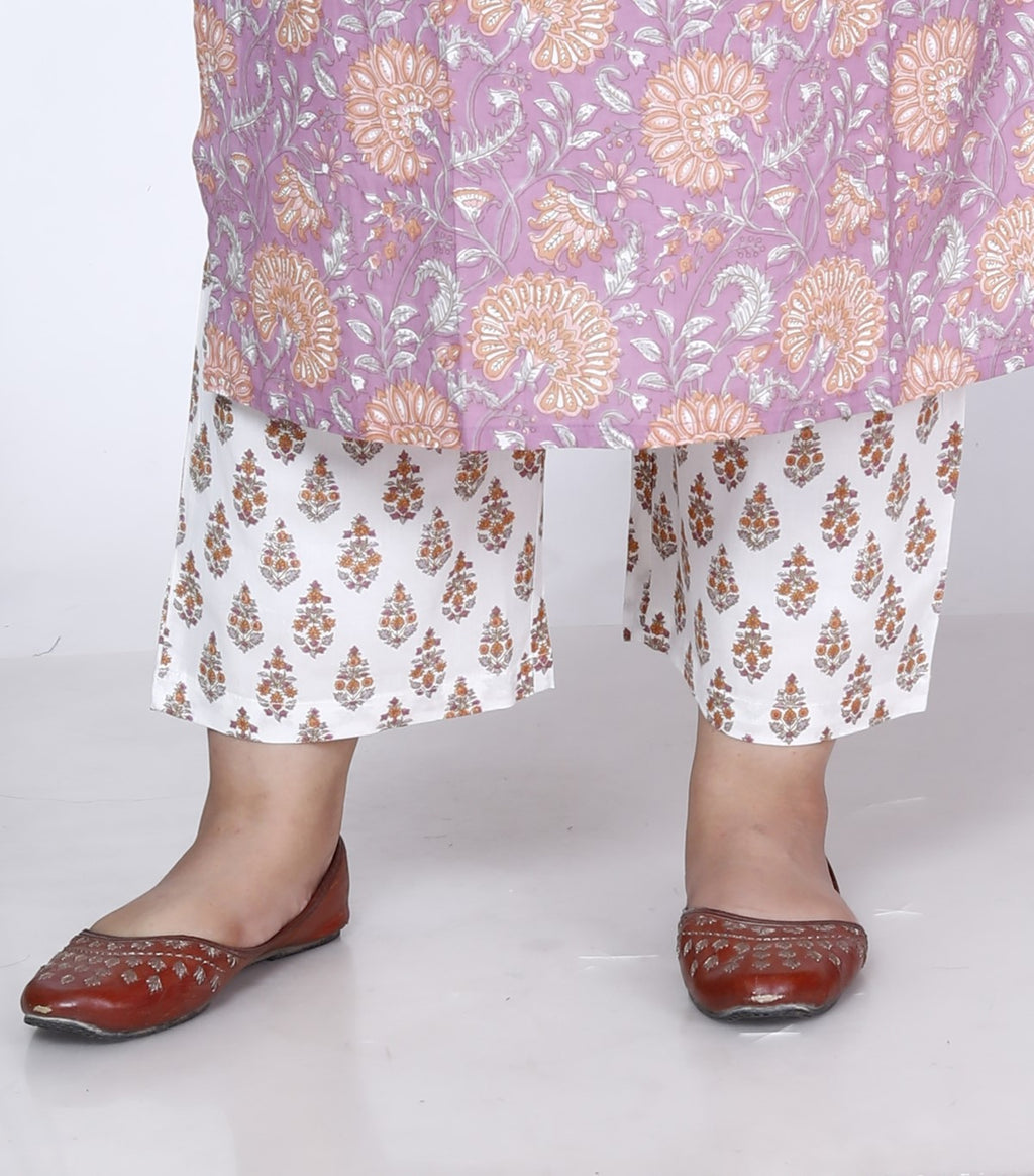 Plus Size Purple Cotton Printed Kurta Pant Set with Dupatta-200003
