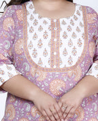 Plus Size Purple Cotton Printed Kurta Pant Set with Dupatta-200003
