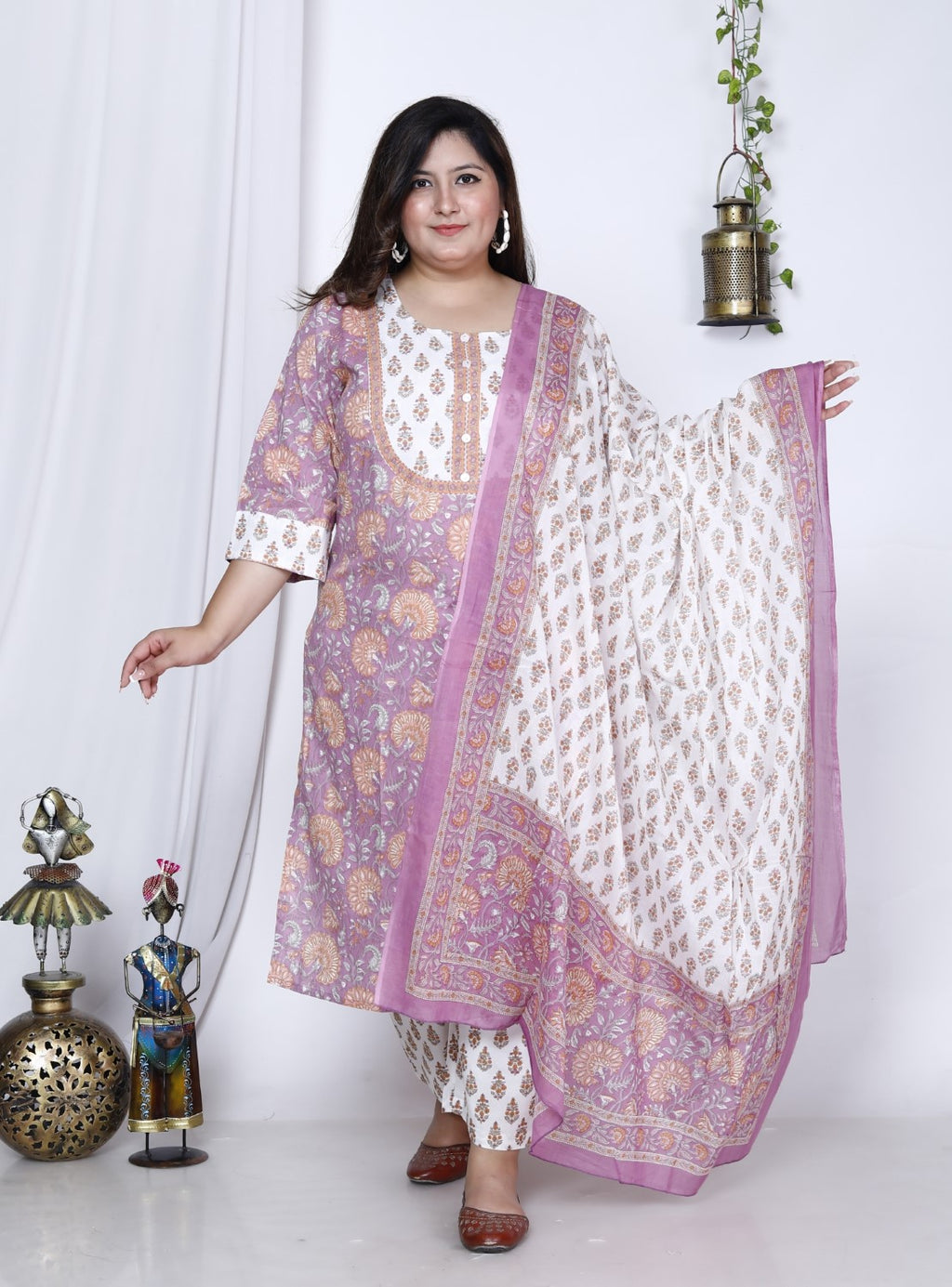 Plus Size Purple Cotton Printed Kurta Pant Set with Dupatta-200003