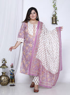 Plus Size Purple Cotton Printed Kurta Pant Set with Dupatta-200003