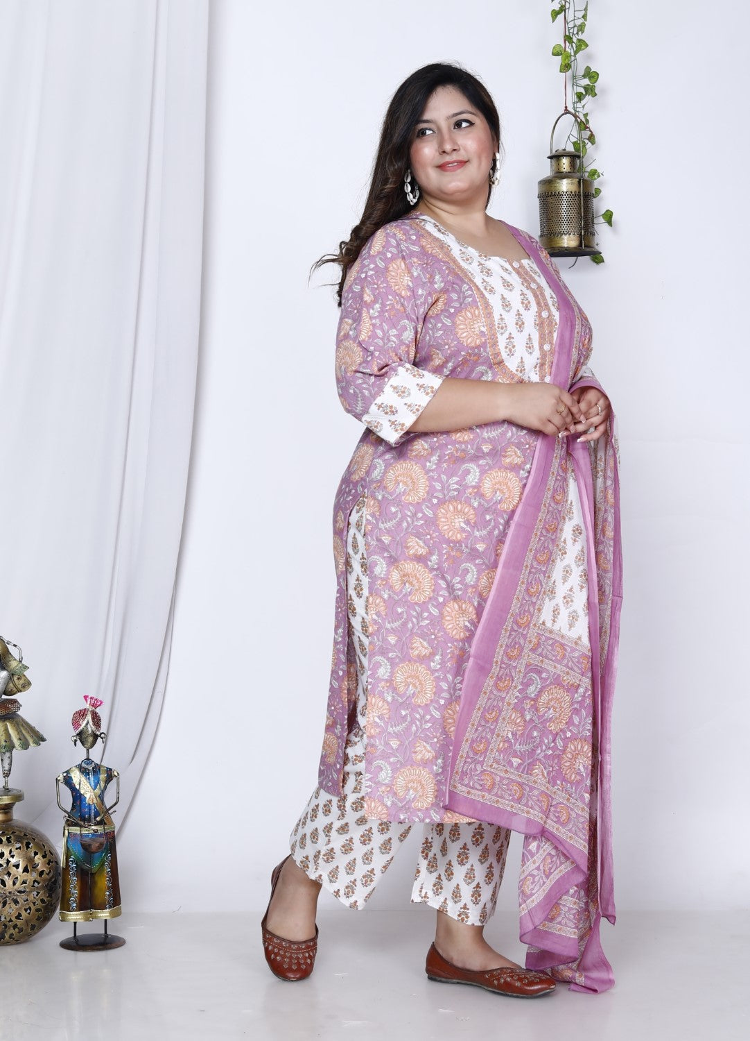 Plus Size Purple Cotton Printed Kurta Pant Set with Dupatta-200003
