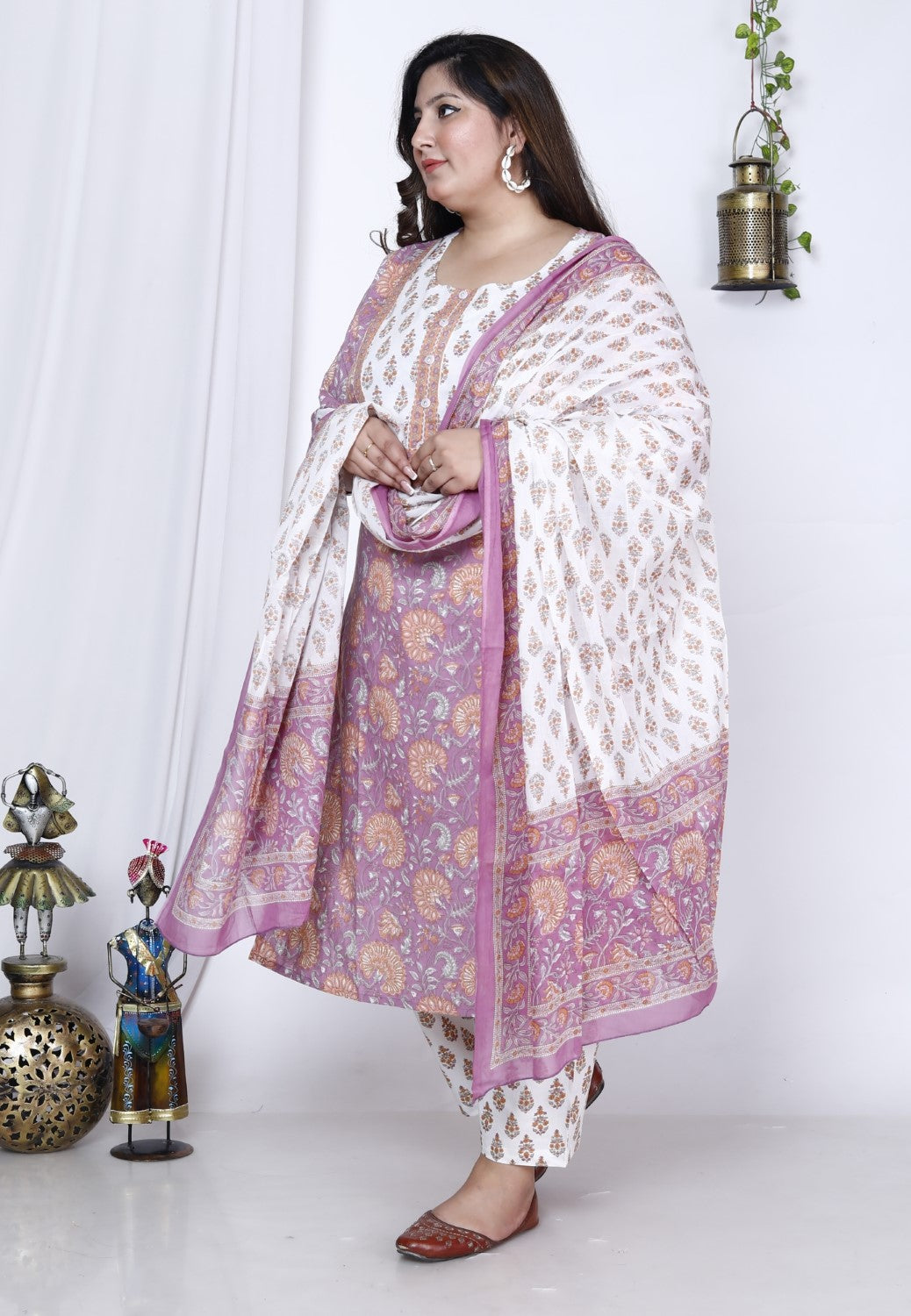 Plus Size Purple Cotton Printed Kurta Pant Set with Dupatta-200003
