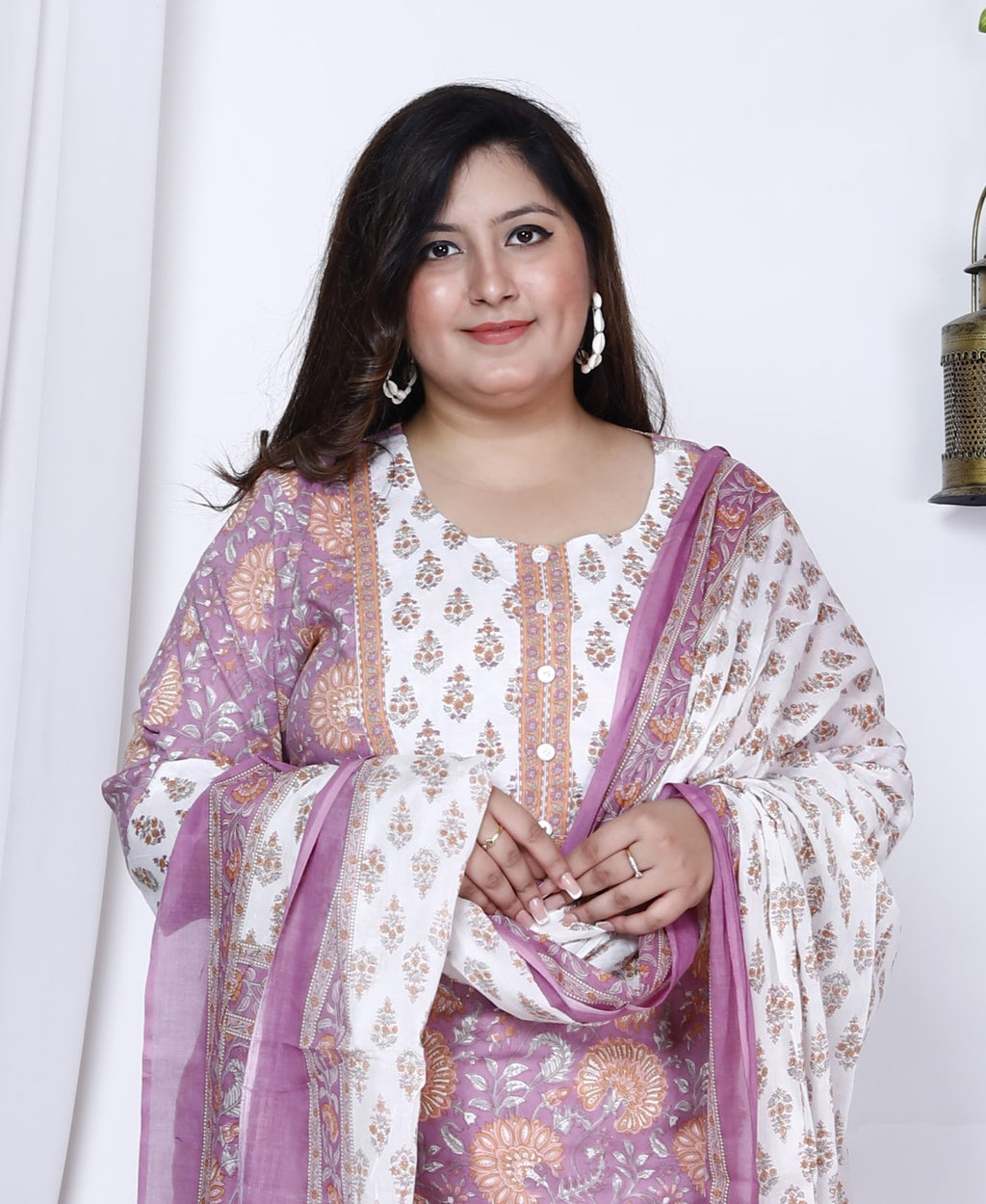 Plus Size Purple Cotton Printed Kurta Pant Set with Dupatta-200003