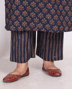Plus Size Dark Blue Cotton Printed Kurta Pant Set with Dupatta-200005