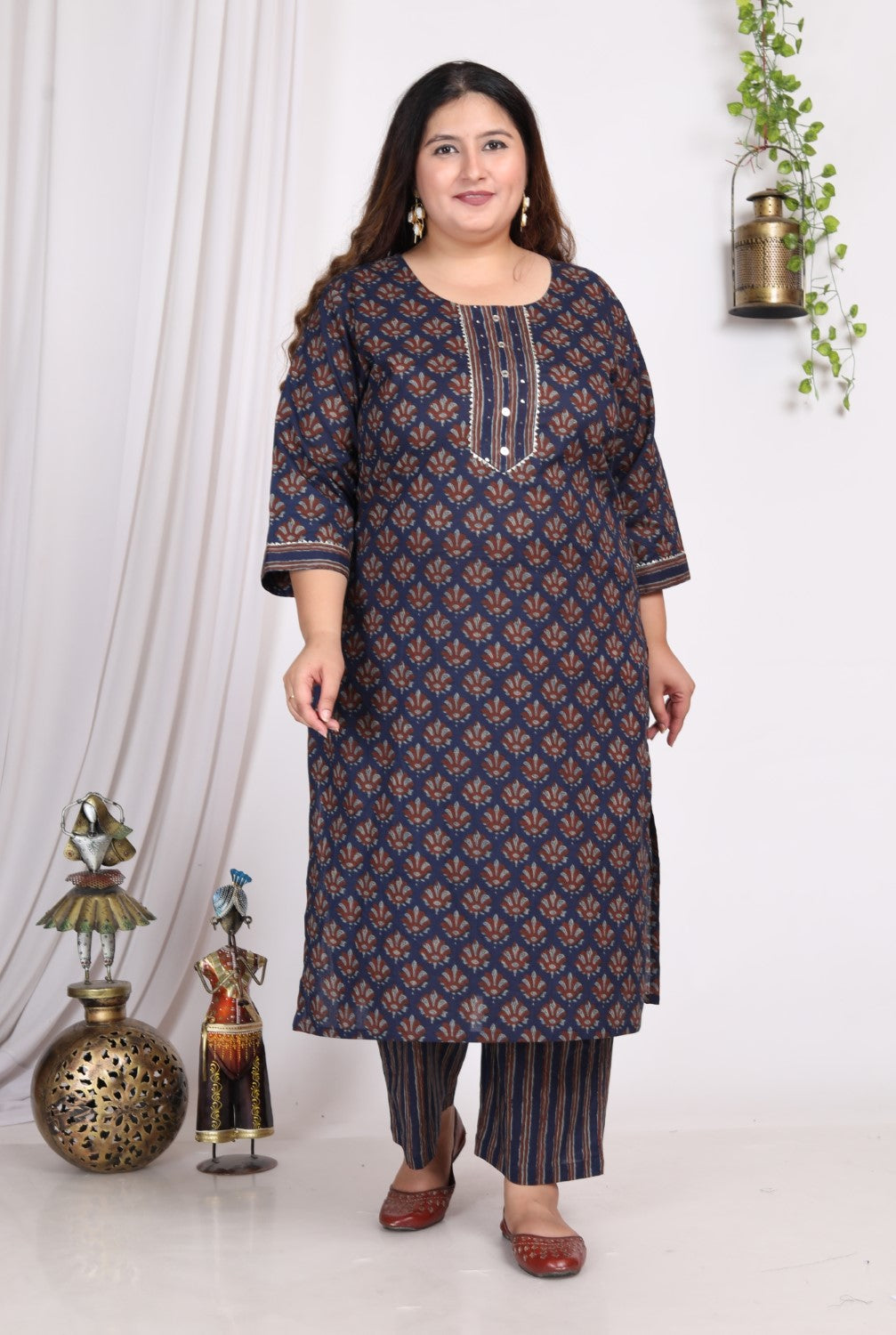Plus Size Dark Blue Cotton Printed Kurta Pant Set with Dupatta-200005